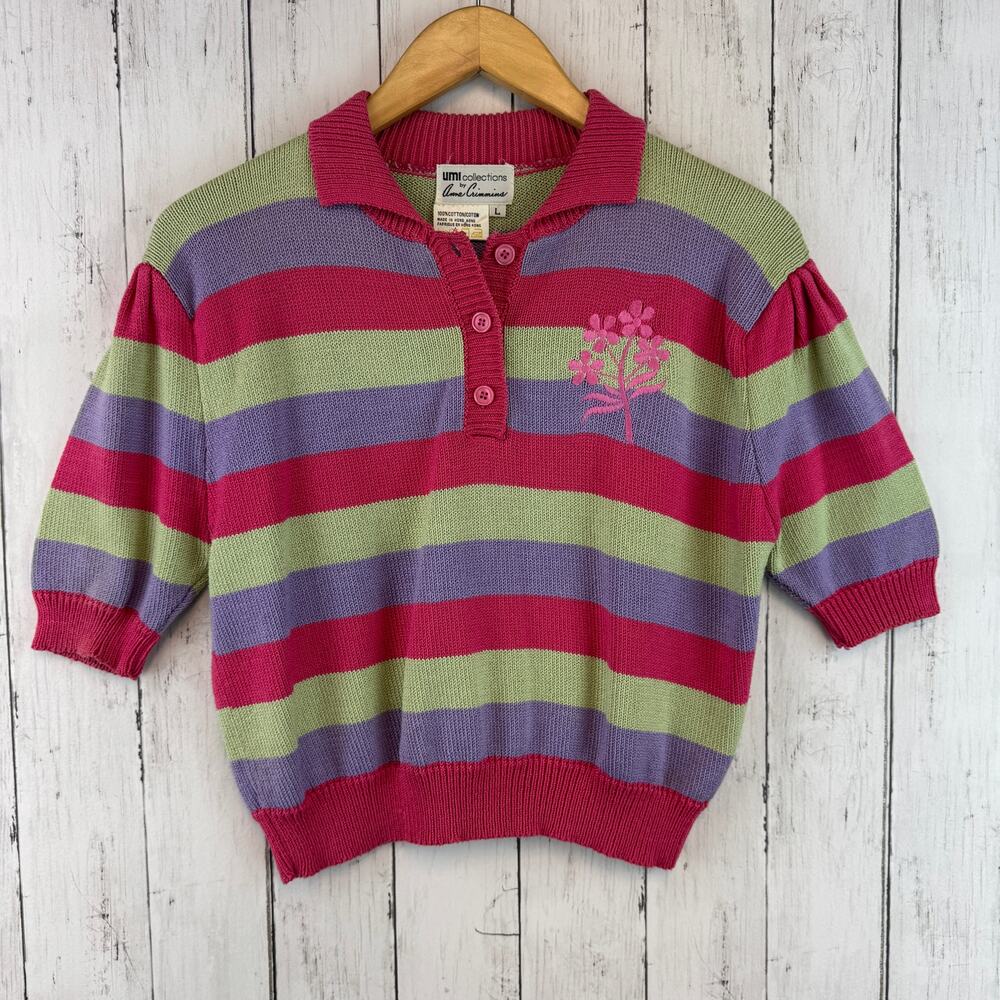 VTG Anne Crimmins Umi Collection Pink/Green Stripe Collared Knit Sweater Large
